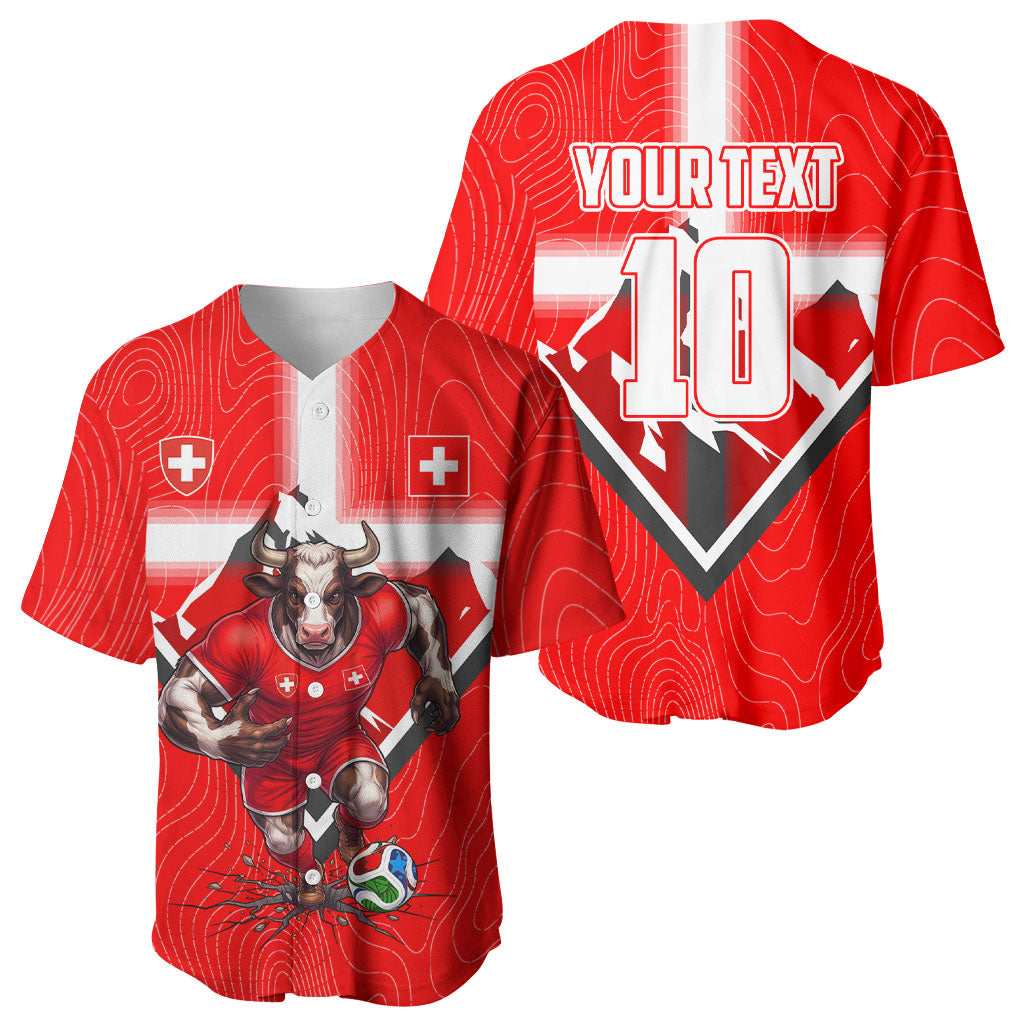 Personalized Switzerland Football Bull Mascot Baseball Jersey Swiss Flag And Alps Mountain Background With Muscular Bull Art