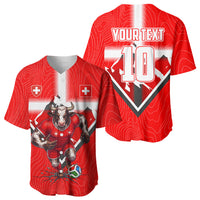 Personalized Switzerland Football Bull Mascot Baseball Jersey Swiss Flag And Alps Mountain Background With Muscular Bull Art