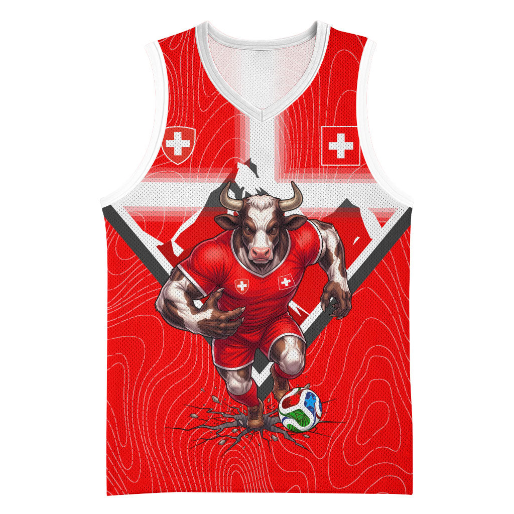 Personalized Switzerland Football Bull Mascot Basketball Jersey Swiss Flag And Alps Mountain Background With Muscular Bull Art