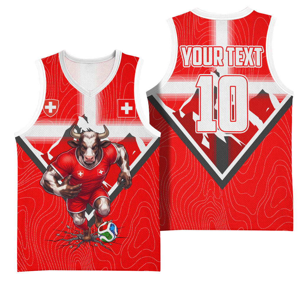 Personalized Switzerland Football Bull Mascot Basketball Jersey Swiss Flag And Alps Mountain Background With Muscular Bull Art