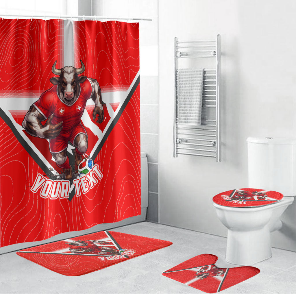 Personalized Switzerland Football Bull Mascot Bathroom Set Swiss Flag And Alps Mountain Background With Muscular Bull Art