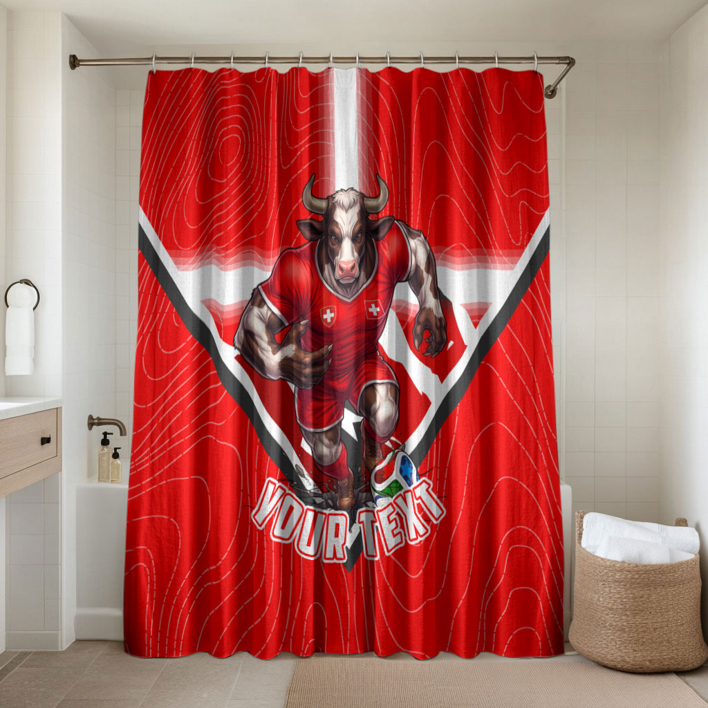 Personalized Switzerland Football Bull Mascot Bathroom Set Swiss Flag And Alps Mountain Background With Muscular Bull Art