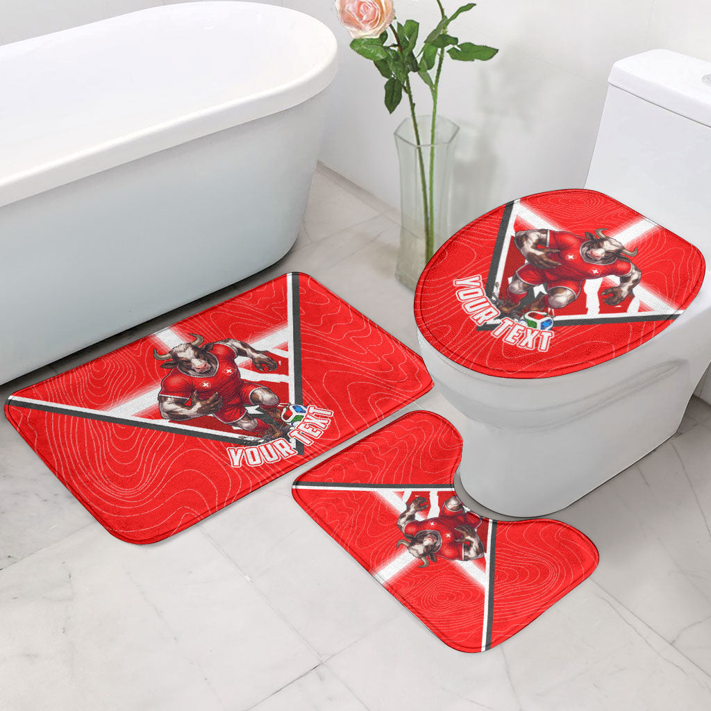 Personalized Switzerland Football Bull Mascot Bathroom Set Swiss Flag And Alps Mountain Background With Muscular Bull Art
