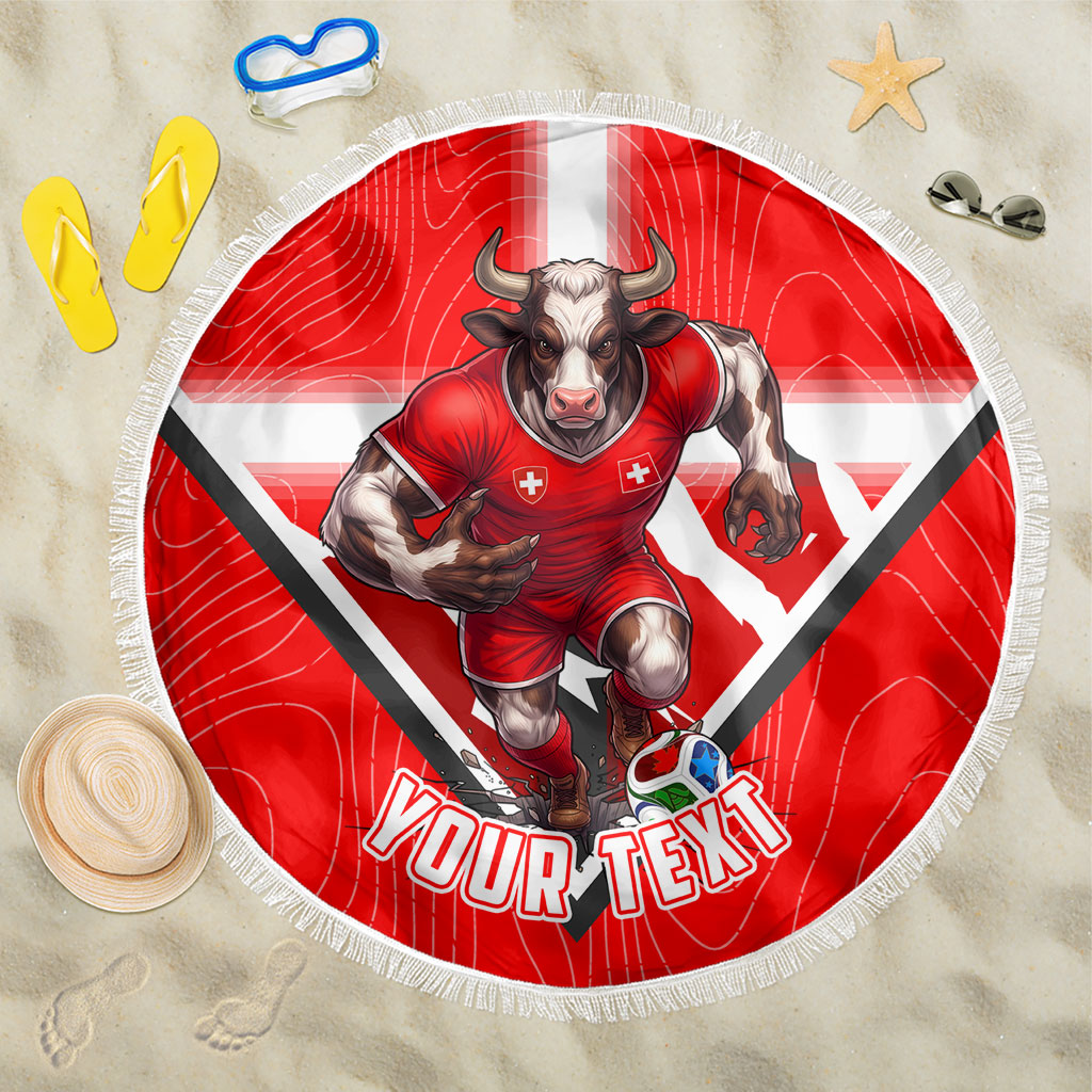Personalized Switzerland Football Bull Mascot Beach Blanket Swiss Flag And Alps Mountain Background With Muscular Bull Art