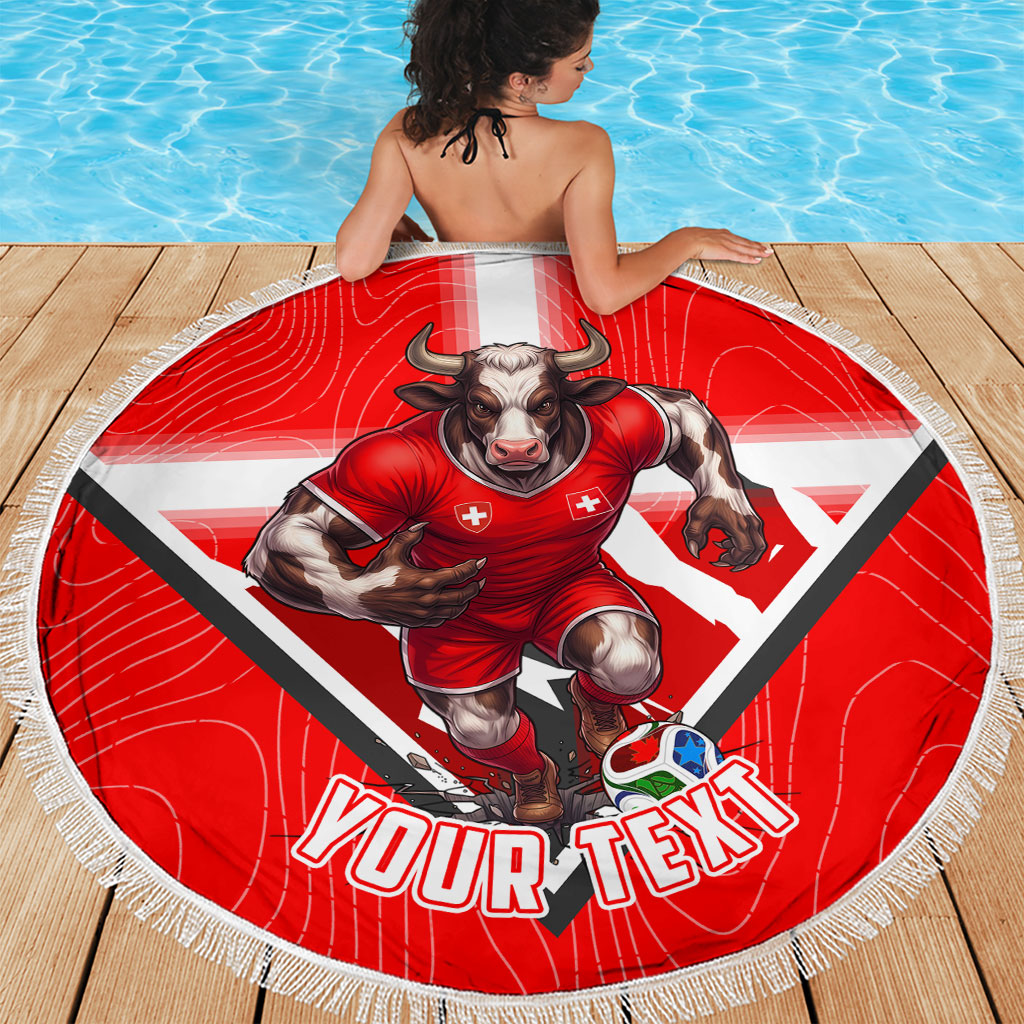Personalized Switzerland Football Bull Mascot Beach Blanket Swiss Flag And Alps Mountain Background With Muscular Bull Art