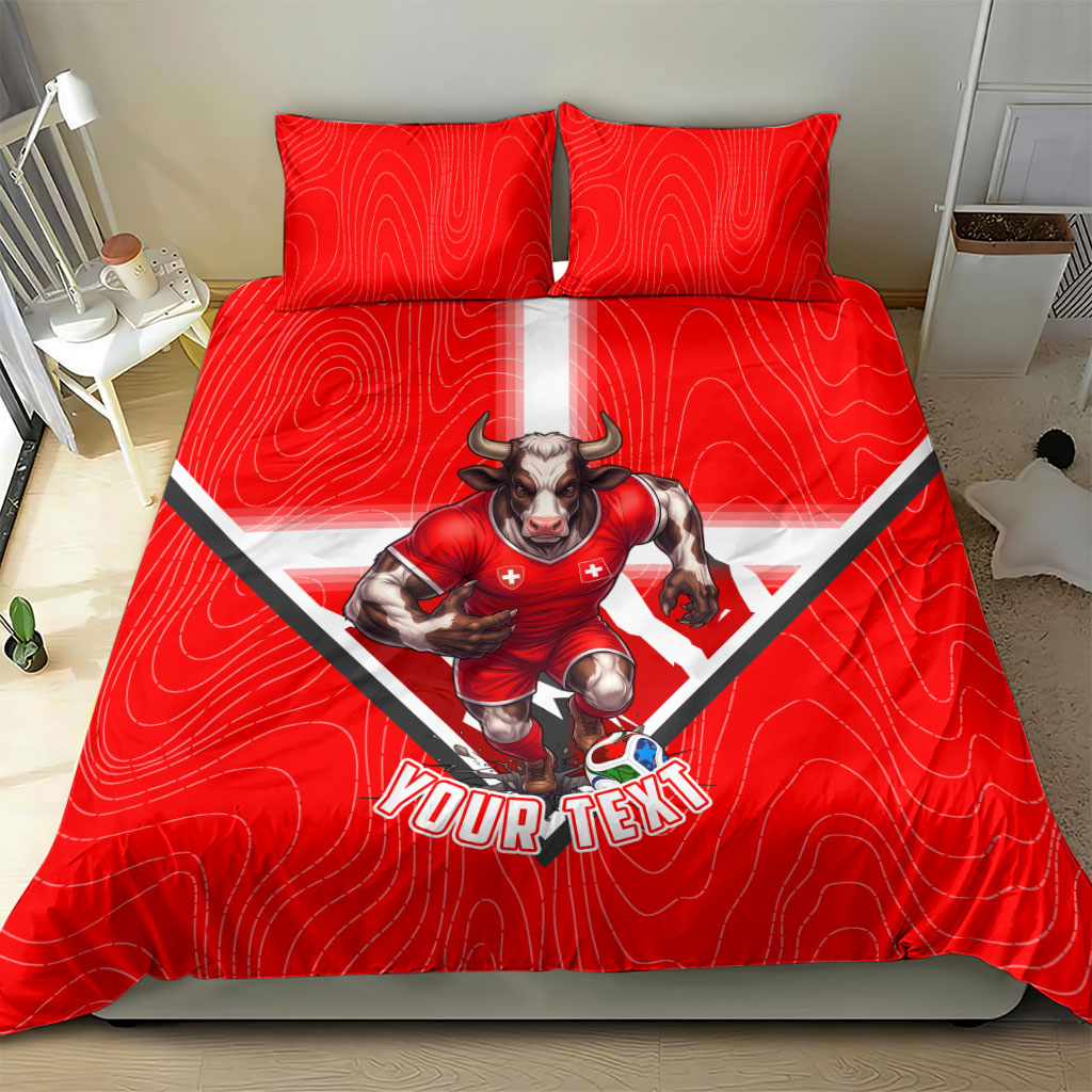 Personalized Switzerland Football Bull Mascot Bedding Set Swiss Flag And Alps Mountain Background With Muscular Bull Art
