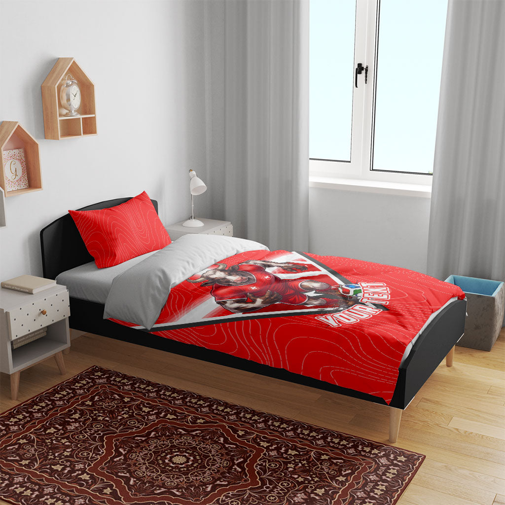 Personalized Switzerland Football Bull Mascot Bedding Set Swiss Flag And Alps Mountain Background With Muscular Bull Art