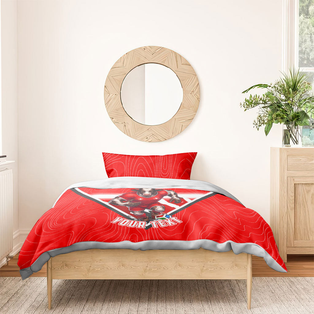 Personalized Switzerland Football Bull Mascot Bedding Set Swiss Flag And Alps Mountain Background With Muscular Bull Art