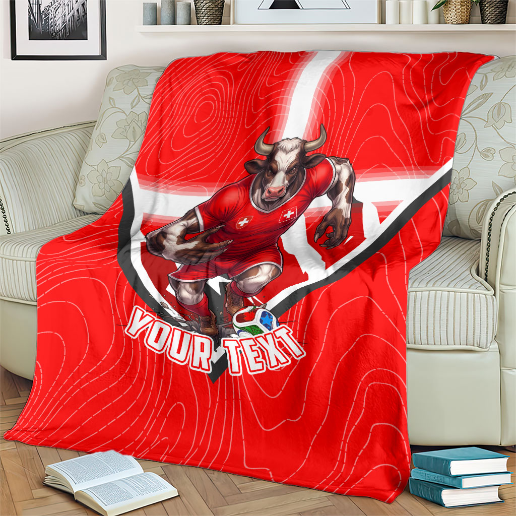 Personalized Switzerland Football Bull Mascot Blanket Swiss Flag And Alps Mountain Background With Muscular Bull Art
