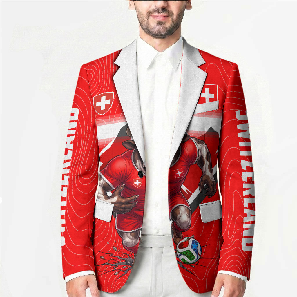 Personalized Switzerland Football Bull Mascot Blazer Swiss Flag And Alps Mountain Background With Muscular Bull Art