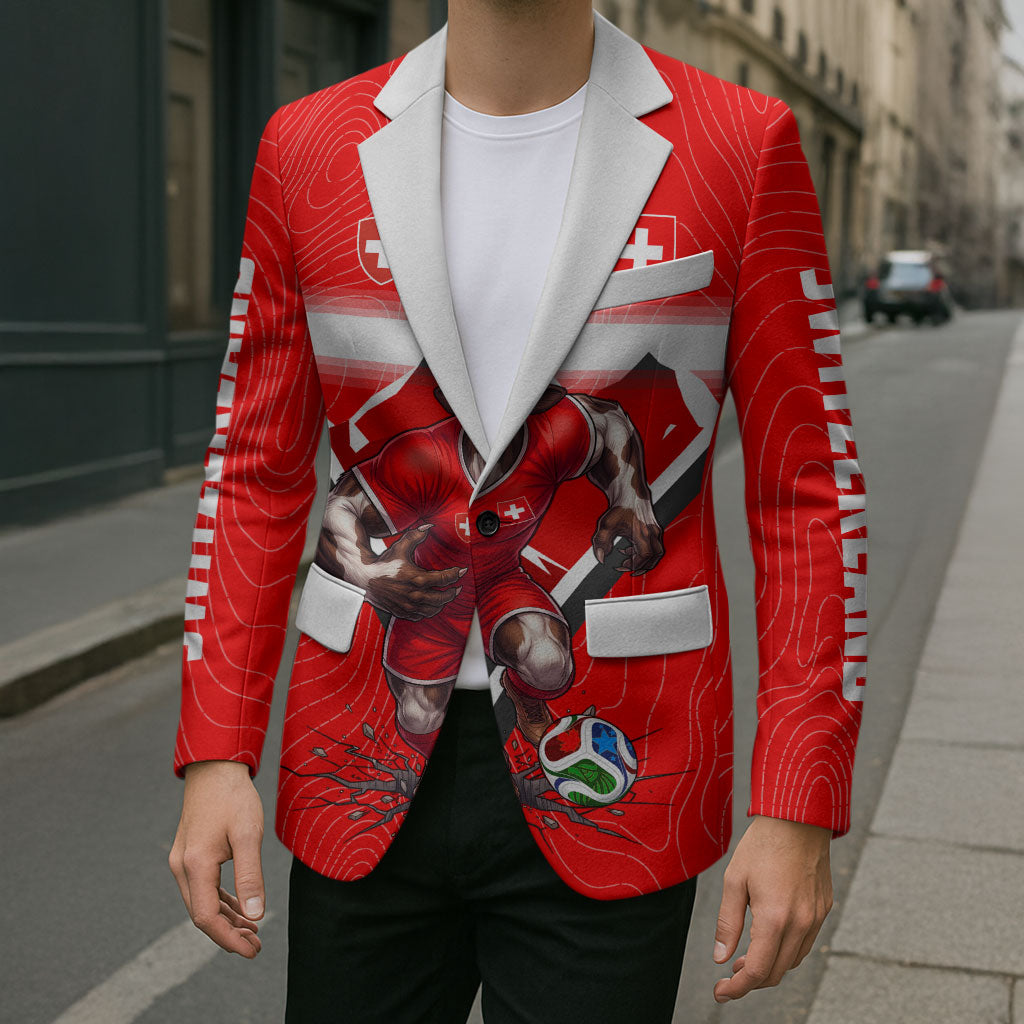 Personalized Switzerland Football Bull Mascot Blazer Swiss Flag And Alps Mountain Background With Muscular Bull Art
