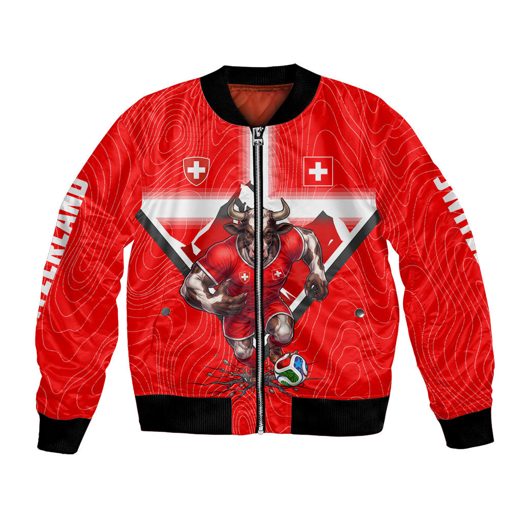 Personalized Switzerland Football Bull Mascot Bomber Jacket Swiss Flag And Alps Mountain Background With Muscular Bull Art