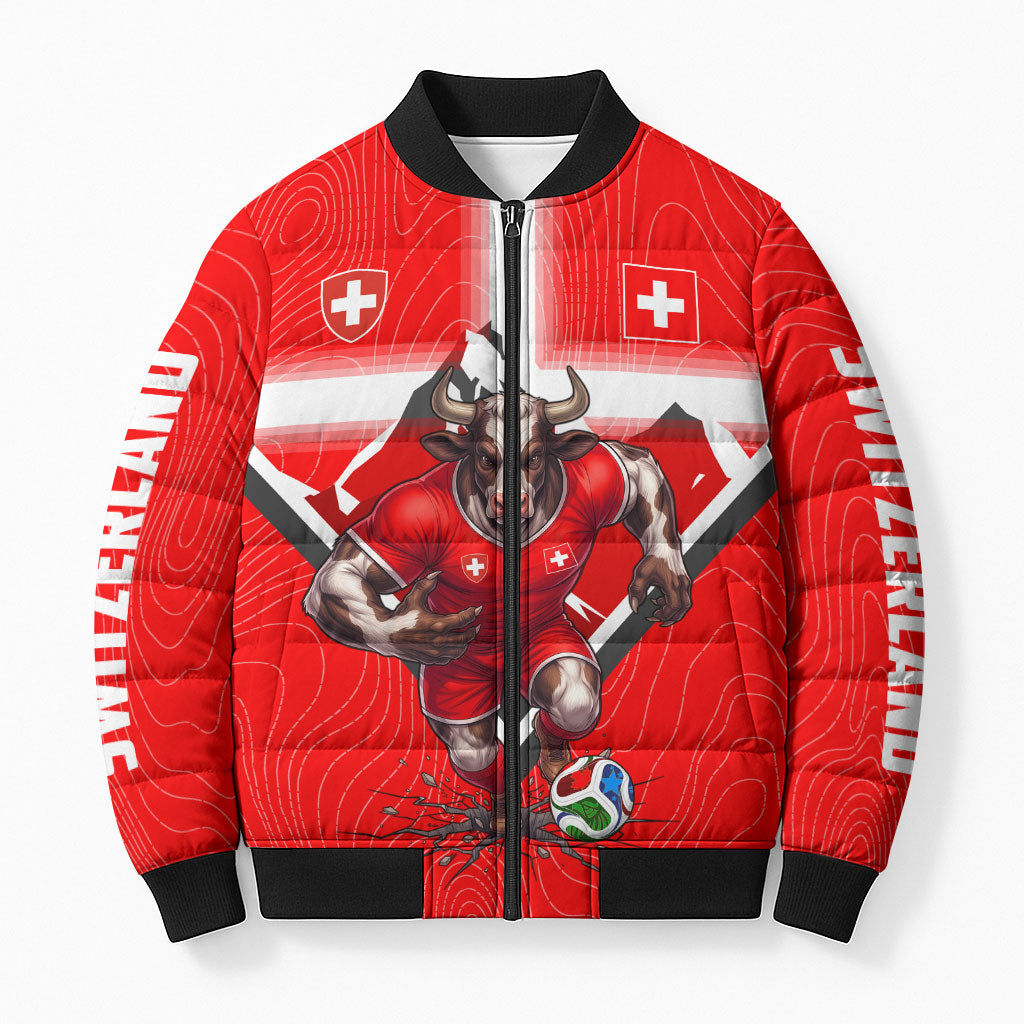 Personalized Switzerland Football Bull Mascot Bomber Puffer Jacket Swiss Flag And Alps Mountain Background With Muscular Bull Art