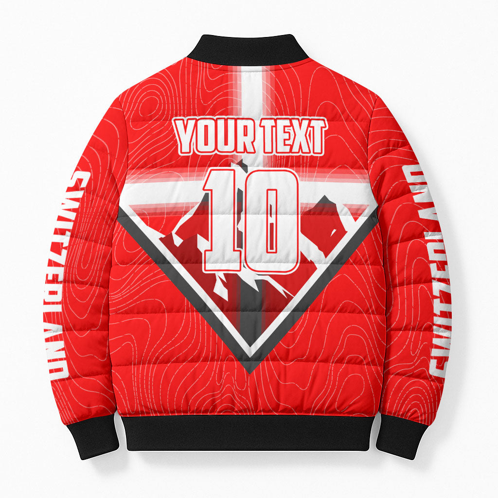 Personalized Switzerland Football Bull Mascot Bomber Puffer Jacket Swiss Flag And Alps Mountain Background With Muscular Bull Art