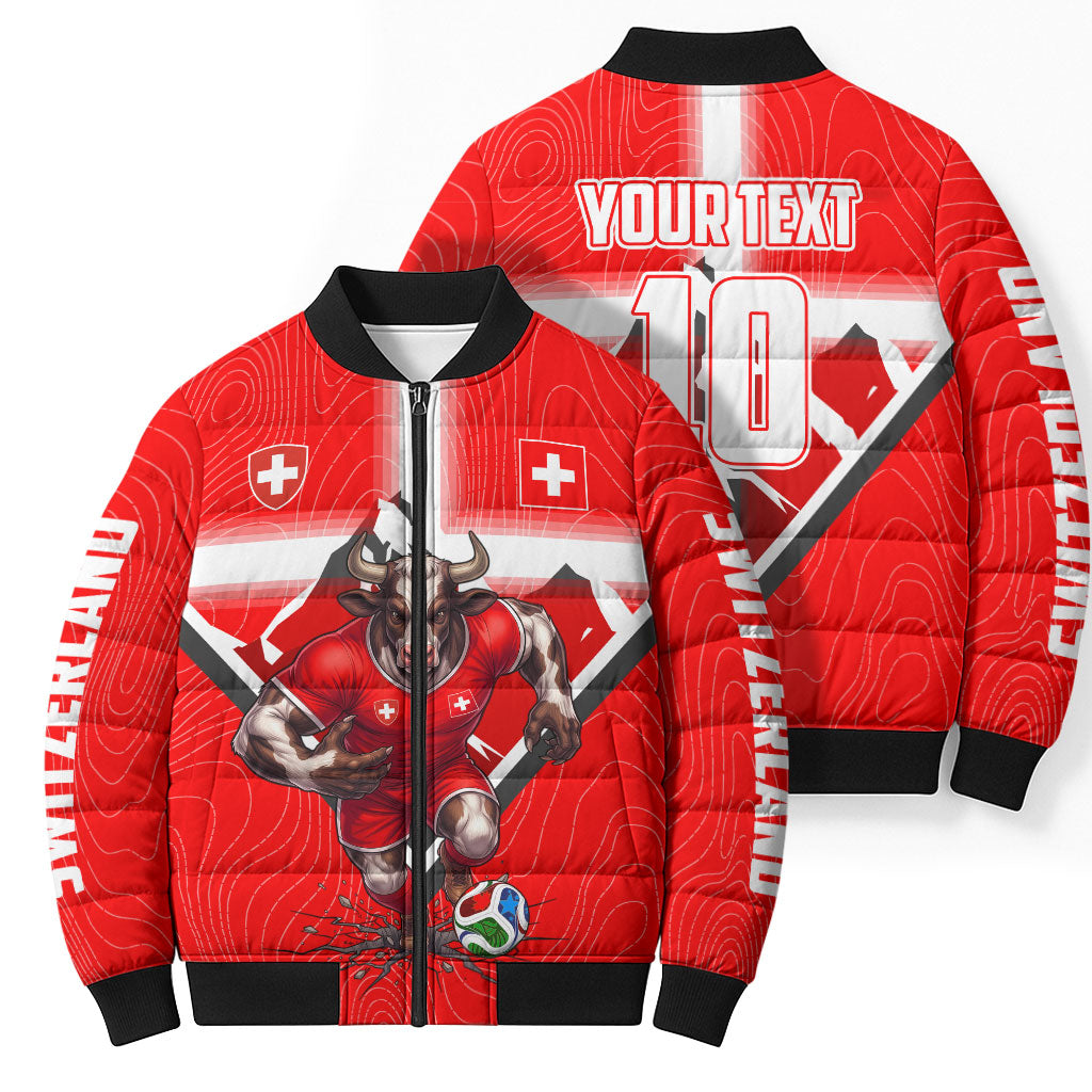 Personalized Switzerland Football Bull Mascot Bomber Puffer Jacket Swiss Flag And Alps Mountain Background With Muscular Bull Art