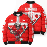 Personalized Switzerland Football Bull Mascot Bomber Puffer Jacket Swiss Flag And Alps Mountain Background With Muscular Bull Art