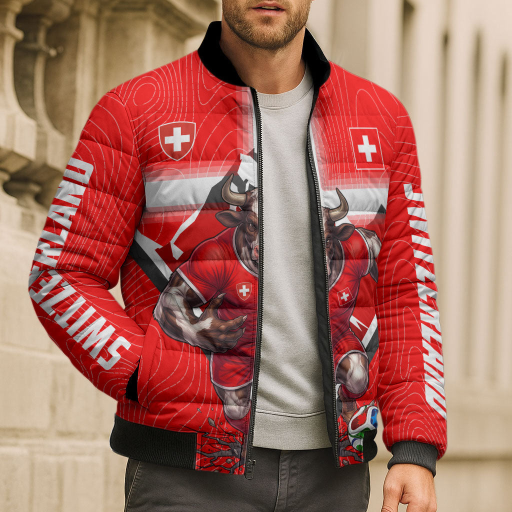 Personalized Switzerland Football Bull Mascot Bomber Puffer Jacket Swiss Flag And Alps Mountain Background With Muscular Bull Art