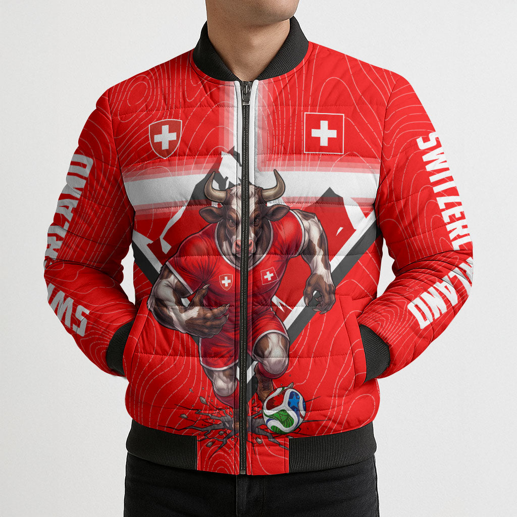 Personalized Switzerland Football Bull Mascot Bomber Puffer Jacket Swiss Flag And Alps Mountain Background With Muscular Bull Art