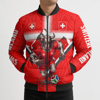 Personalized Switzerland Football Bull Mascot Bomber Puffer Jacket Swiss Flag And Alps Mountain Background With Muscular Bull Art