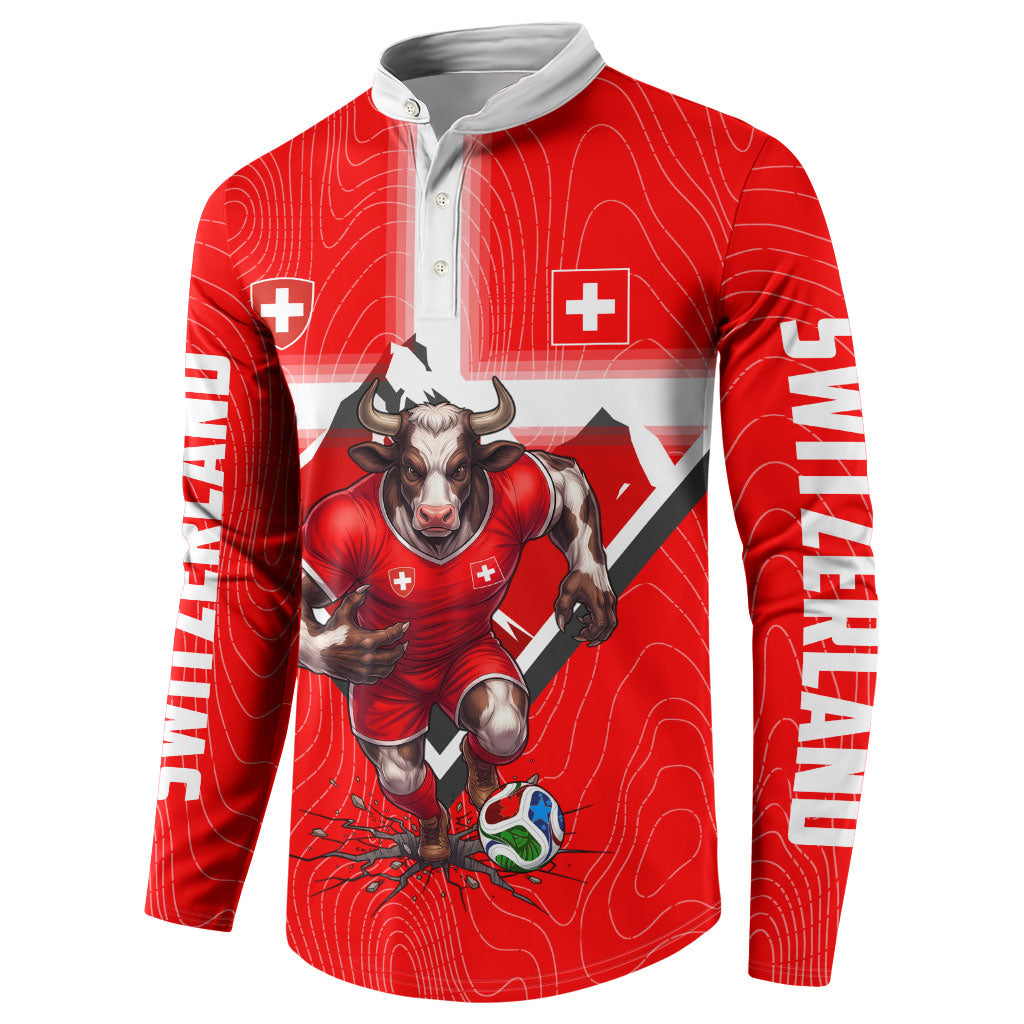 Personalized Switzerland Football Bull Mascot Button Sweatshirt Swiss Flag And Alps Mountain Background With Muscular Bull Art