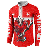 Personalized Switzerland Football Bull Mascot Button Sweatshirt Swiss Flag And Alps Mountain Background With Muscular Bull Art