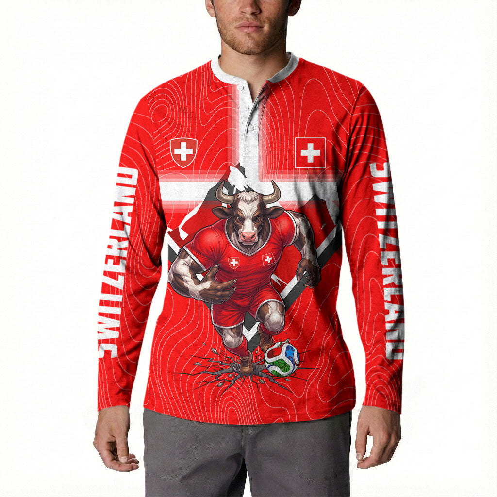 Personalized Switzerland Football Bull Mascot Button Sweatshirt Swiss Flag And Alps Mountain Background With Muscular Bull Art