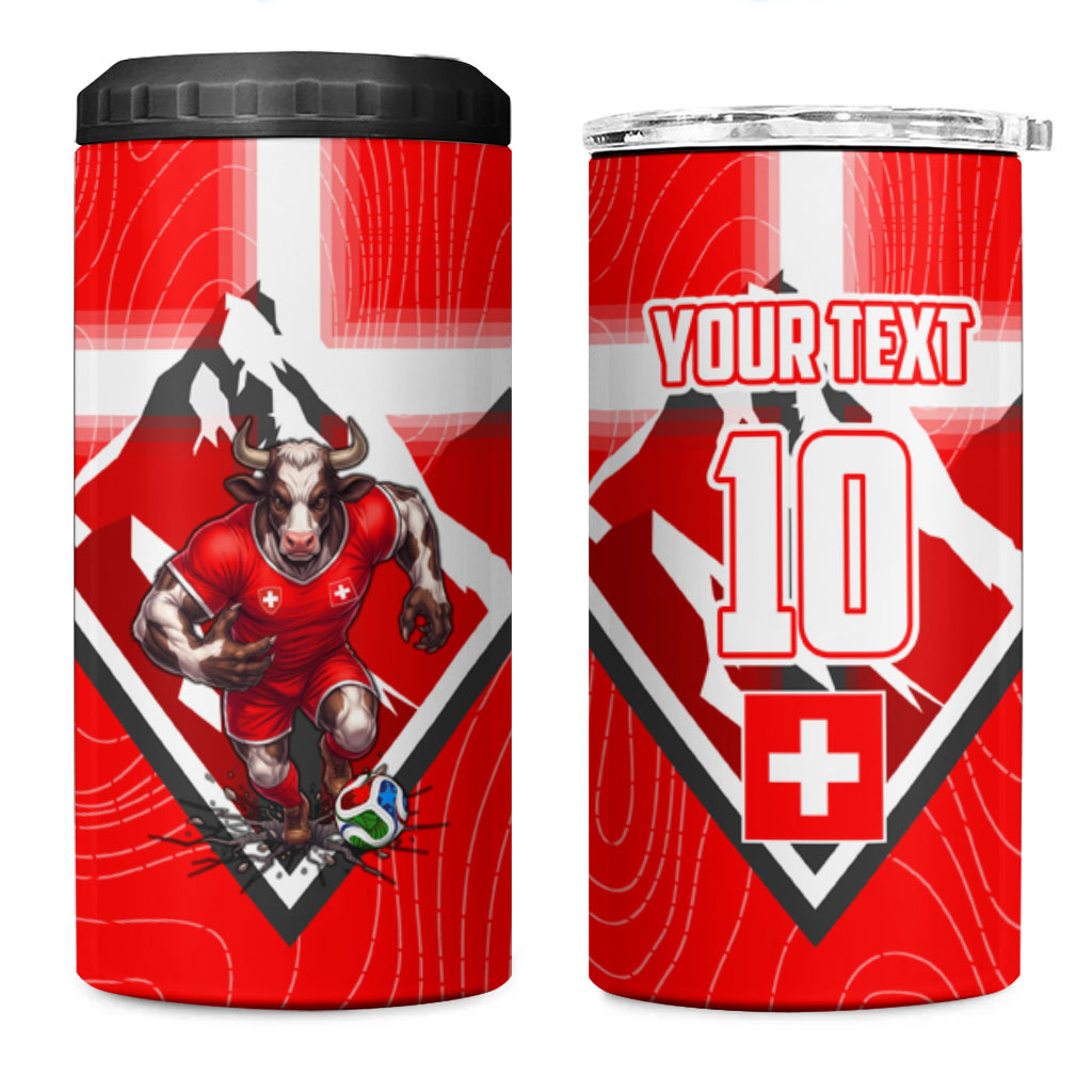 Personalized Switzerland Football Bull Mascot 4 in 1 Can Cooler Tumbler Swiss Flag And Alps Mountain Background With Muscular Bull Art