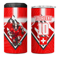 Personalized Switzerland Football Bull Mascot 4 in 1 Can Cooler Tumbler Swiss Flag And Alps Mountain Background With Muscular Bull Art