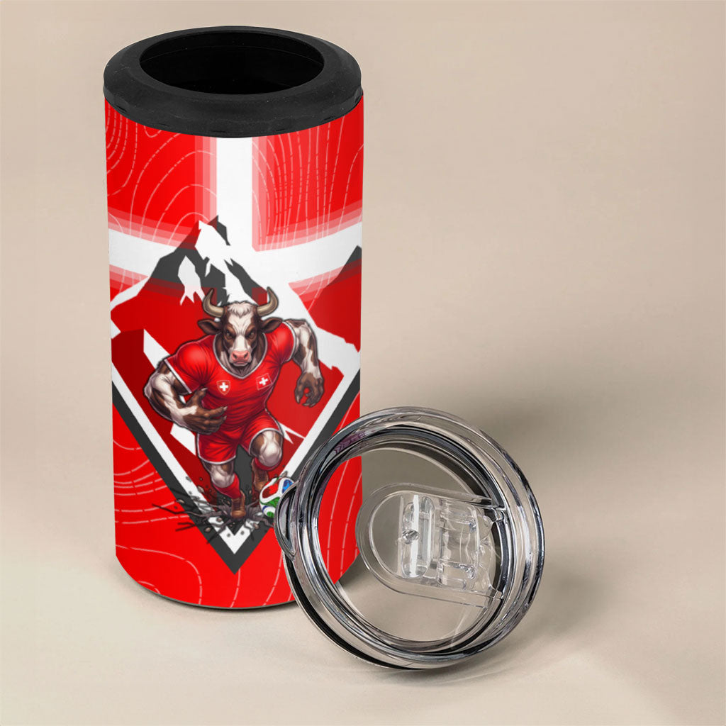 Personalized Switzerland Football Bull Mascot 4 in 1 Can Cooler Tumbler Swiss Flag And Alps Mountain Background With Muscular Bull Art