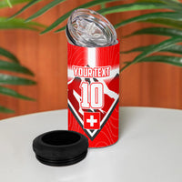 Personalized Switzerland Football Bull Mascot 4 in 1 Can Cooler Tumbler Swiss Flag And Alps Mountain Background With Muscular Bull Art