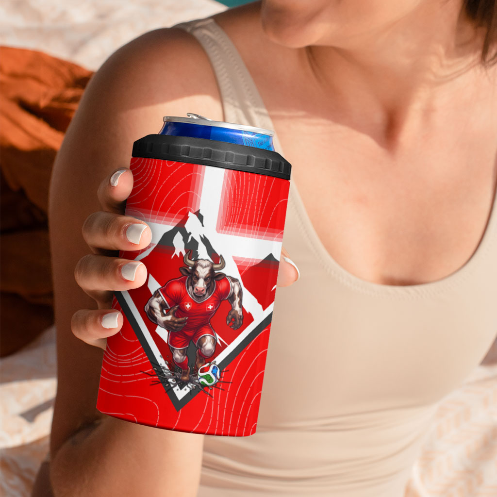 Personalized Switzerland Football Bull Mascot 4 in 1 Can Cooler Tumbler Swiss Flag And Alps Mountain Background With Muscular Bull Art