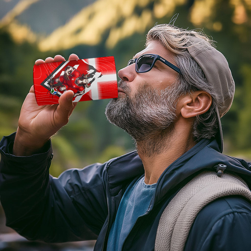 Personalized Switzerland Football Bull Mascot 4 in 1 Can Cooler Tumbler Swiss Flag And Alps Mountain Background With Muscular Bull Art