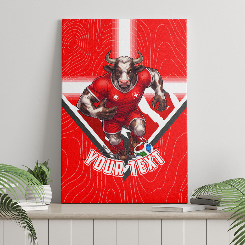 Personalized Switzerland Football Bull Mascot Canvas Wall Art Swiss Flag And Alps Mountain Background With Muscular Bull Art