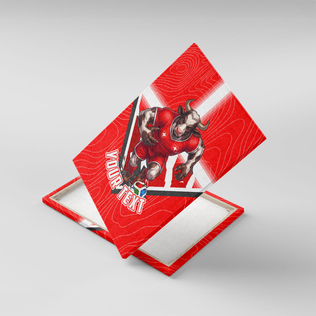 Personalized Switzerland Football Bull Mascot Canvas Wall Art Swiss Flag And Alps Mountain Background With Muscular Bull Art