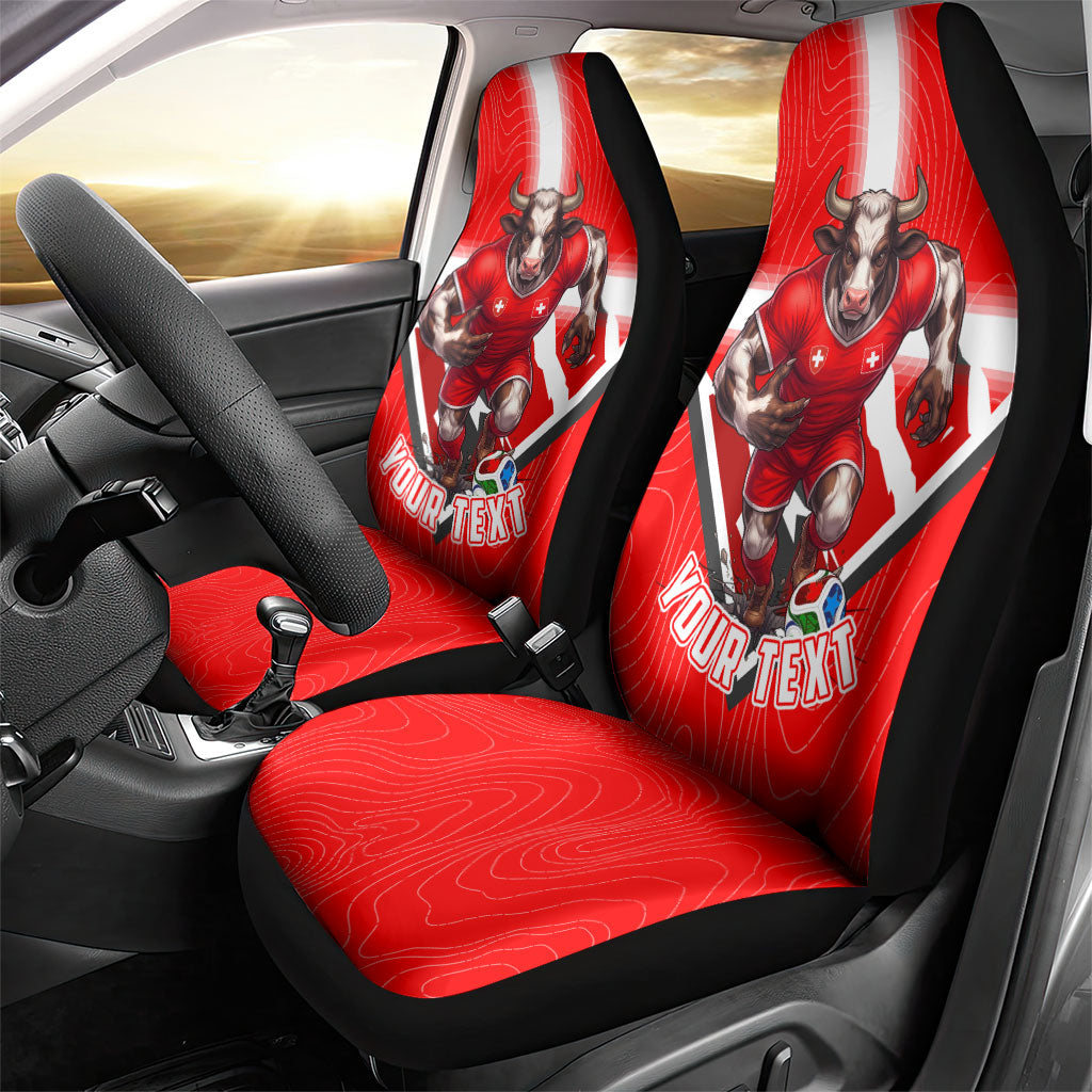 Personalized Switzerland Football Bull Mascot Car Seat Cover Swiss Flag And Alps Mountain Background With Muscular Bull Art