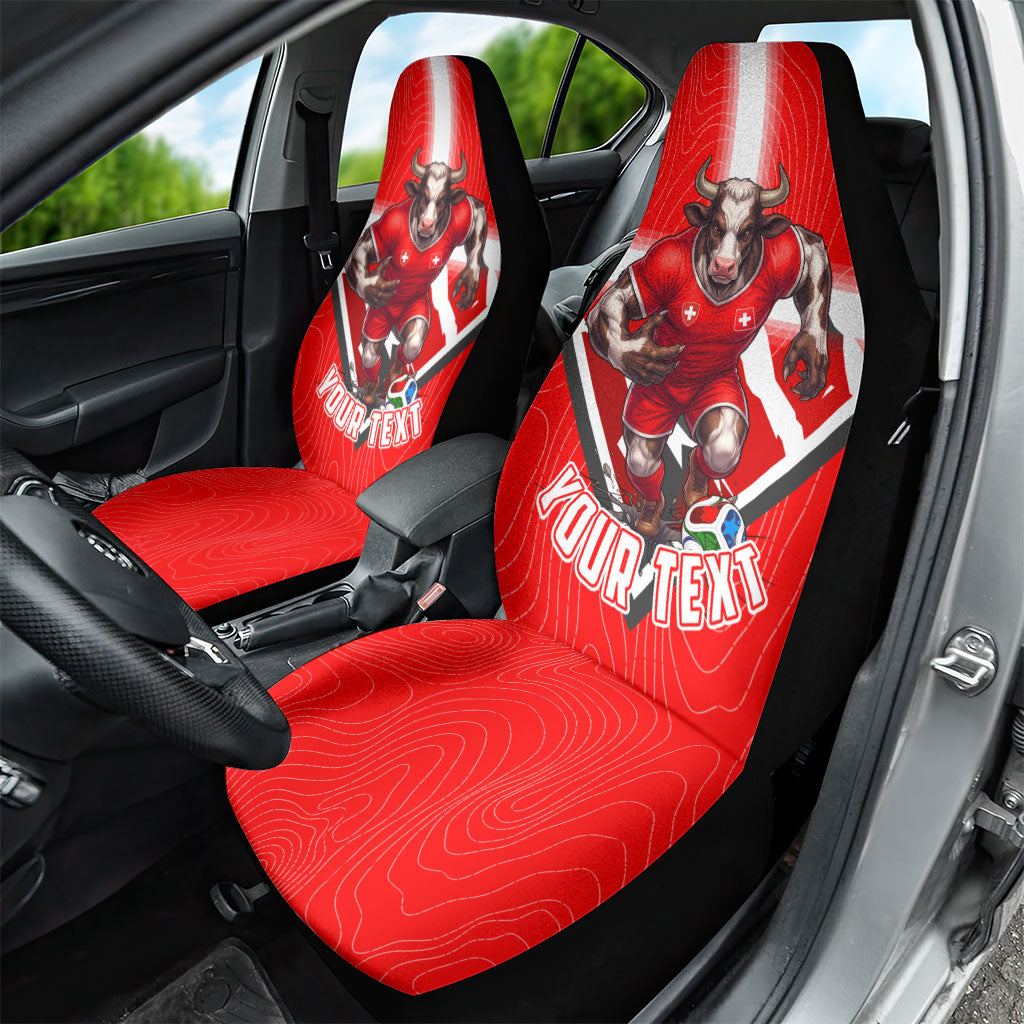 Personalized Switzerland Football Bull Mascot Car Seat Cover Swiss Flag And Alps Mountain Background With Muscular Bull Art