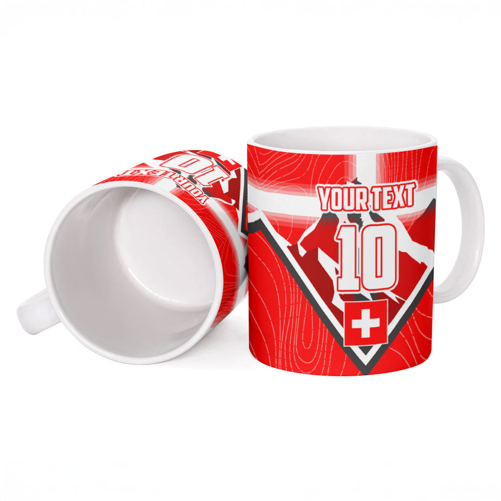 Personalized Switzerland Football Bull Mascot Ceramic Mug Swiss Flag And Alps Mountain Background With Muscular Bull Art
