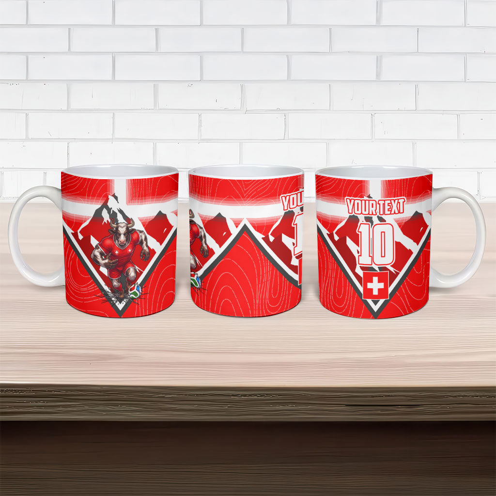 Personalized Switzerland Football Bull Mascot Ceramic Mug Swiss Flag And Alps Mountain Background With Muscular Bull Art