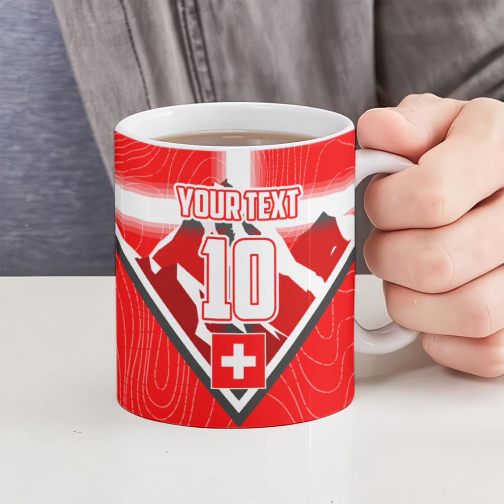 Personalized Switzerland Football Bull Mascot Ceramic Mug Swiss Flag And Alps Mountain Background With Muscular Bull Art
