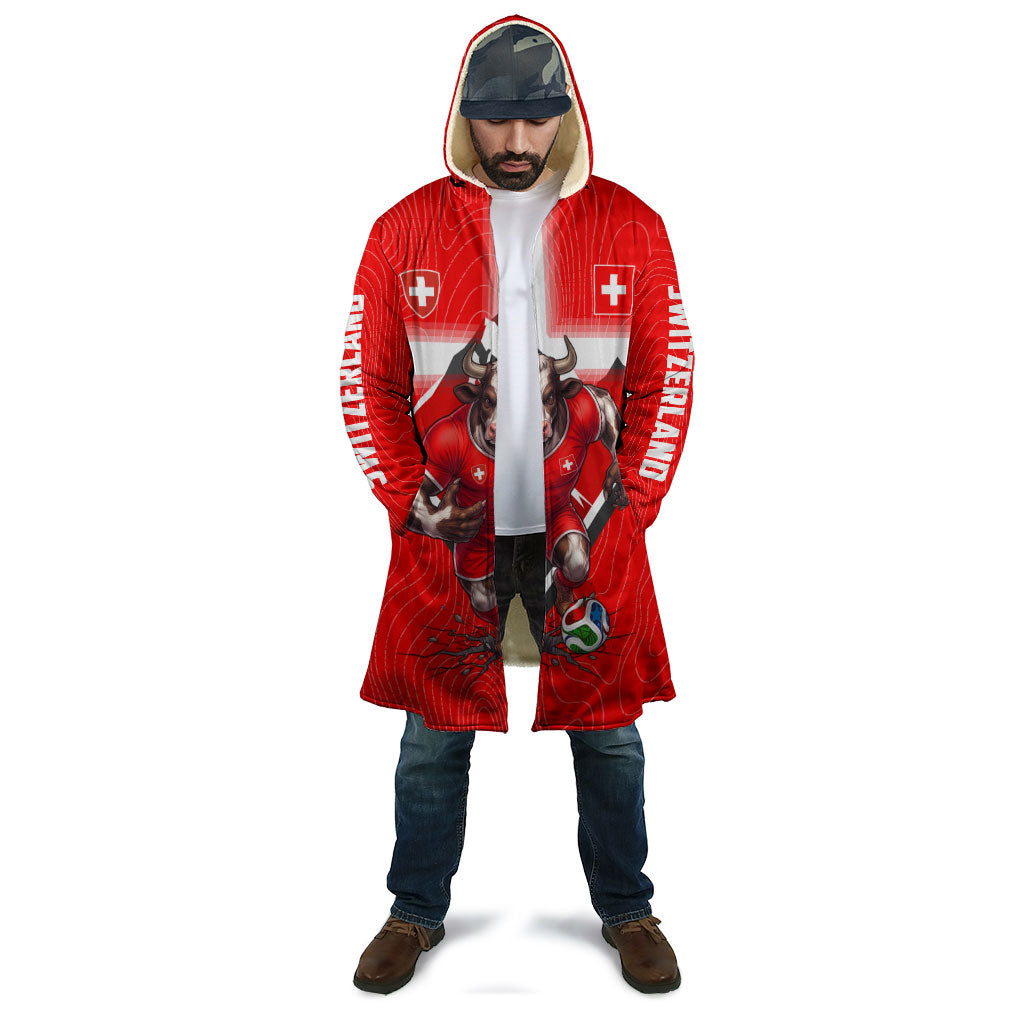 Personalized Switzerland Football Bull Mascot Cloak Swiss Flag And Alps Mountain Background With Muscular Bull Art