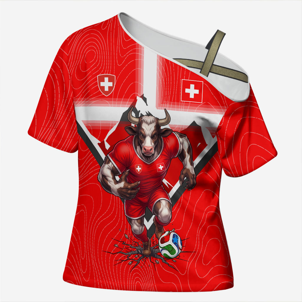 Personalized Switzerland Football Bull Mascot Cross Shoulder Shirt Swiss Flag And Alps Mountain Background With Muscular Bull Art