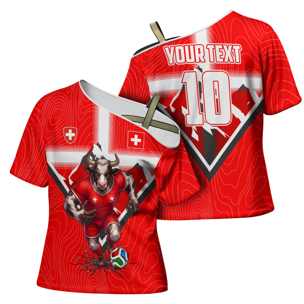 Personalized Switzerland Football Bull Mascot Cross Shoulder Shirt Swiss Flag And Alps Mountain Background With Muscular Bull Art