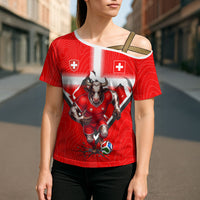 Personalized Switzerland Football Bull Mascot Cross Shoulder Shirt Swiss Flag And Alps Mountain Background With Muscular Bull Art