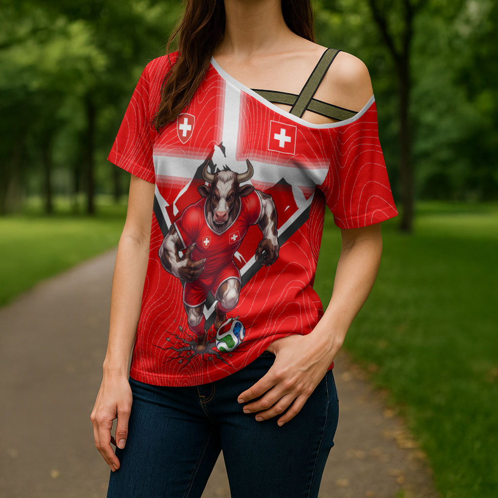 Personalized Switzerland Football Bull Mascot Cross Shoulder Shirt Swiss Flag And Alps Mountain Background With Muscular Bull Art