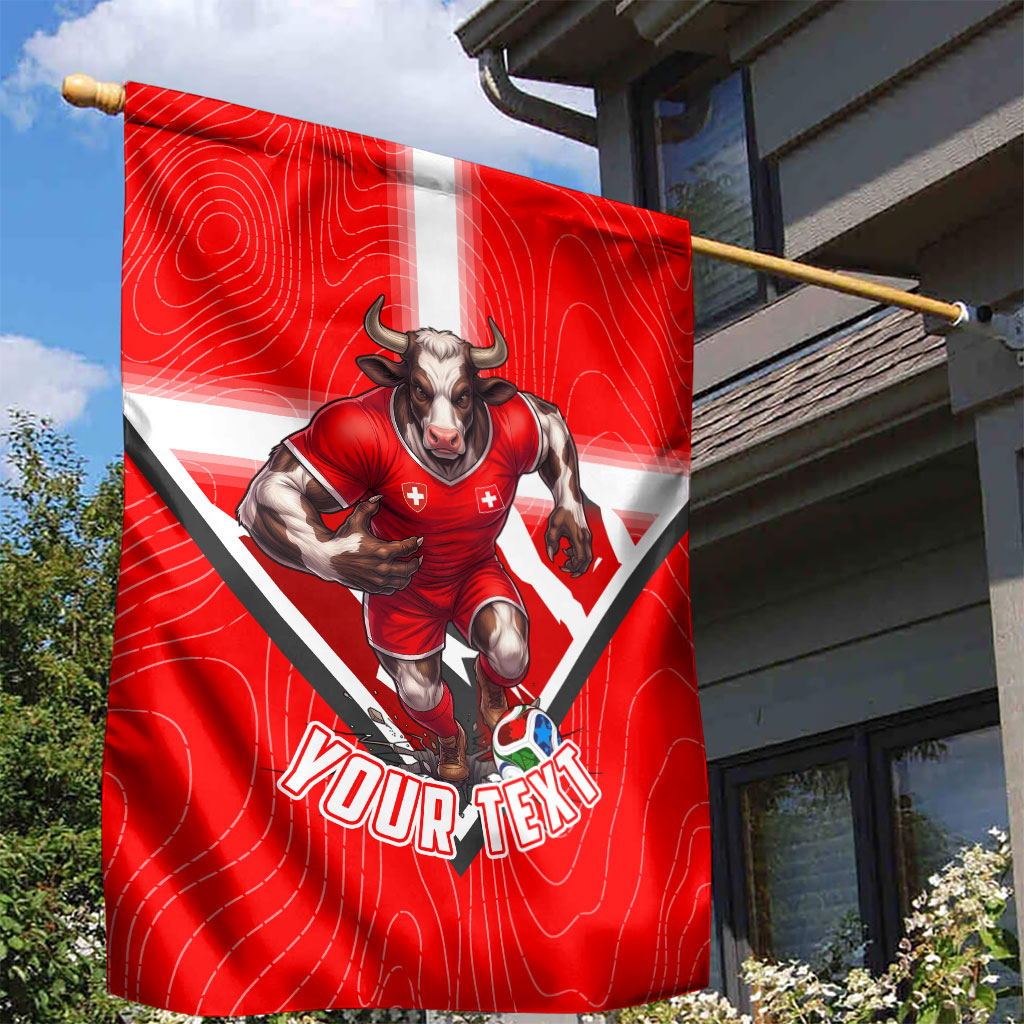 Personalized Switzerland Football Bull Mascot Garden Flag Swiss Flag And Alps Mountain Background With Muscular Bull Art