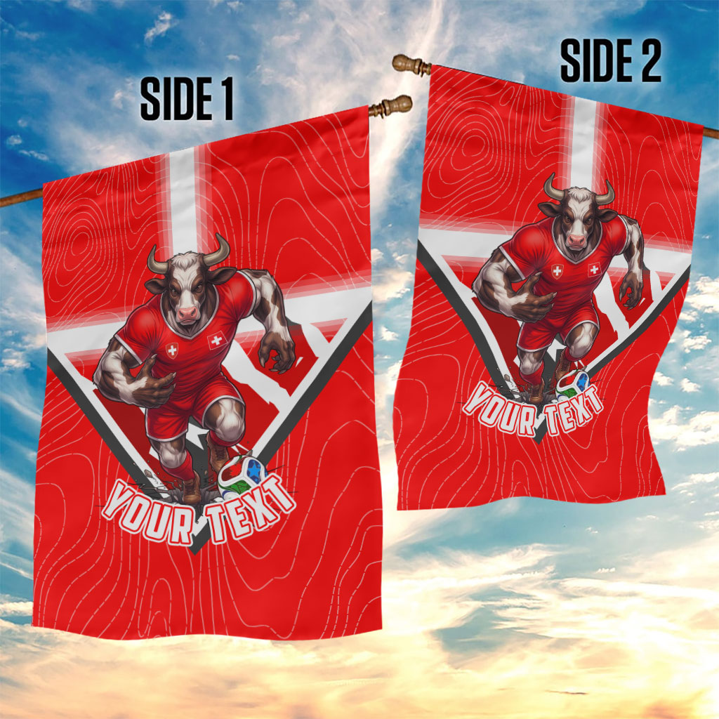 Personalized Switzerland Football Bull Mascot Garden Flag Swiss Flag And Alps Mountain Background With Muscular Bull Art