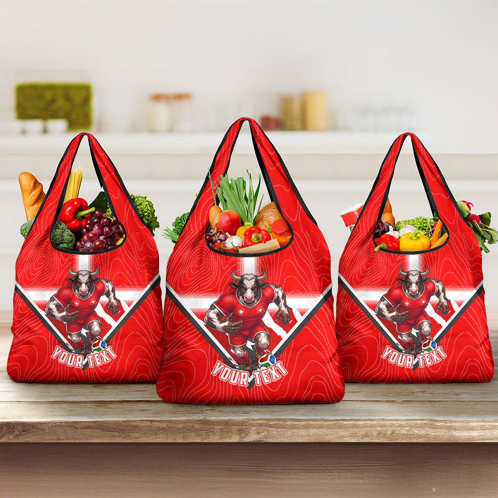 Personalized Switzerland Football Bull Mascot Grocery Bag Swiss Flag And Alps Mountain Background With Muscular Bull Art