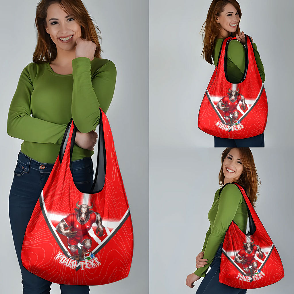 Personalized Switzerland Football Bull Mascot Grocery Bag Swiss Flag And Alps Mountain Background With Muscular Bull Art