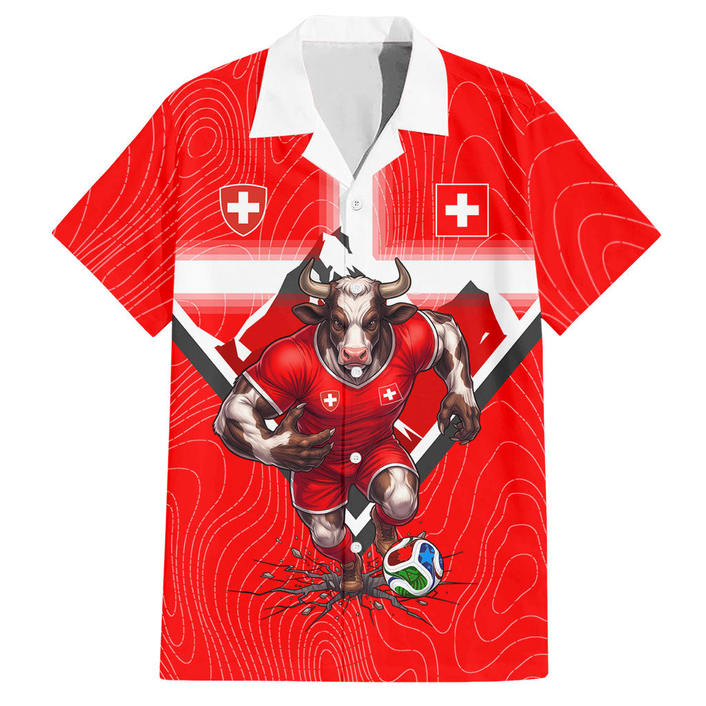 Personalized Switzerland Football Bull Mascot Hawaiian Shirt Swiss Flag And Alps Mountain Background With Muscular Bull Art