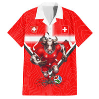 Personalized Switzerland Football Bull Mascot Hawaiian Shirt Swiss Flag And Alps Mountain Background With Muscular Bull Art
